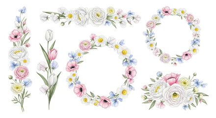 Watercolor Floral Wreaths in Soft Pastel Colors with Delicate Texture for Wedding Invitations