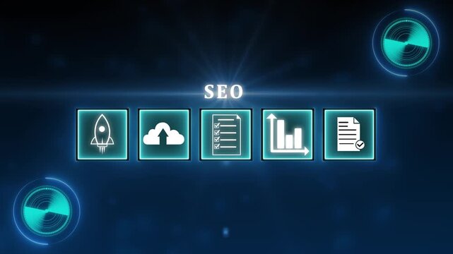 digital mind map of seo concepts on a global world map. animated seo flowchart with glowing digital marketing icons. search engine ranking and online marketing visualization. 4k