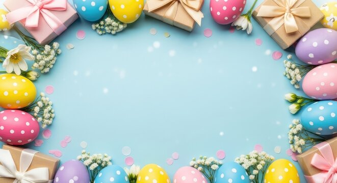 Easter day celebration with colorful eggs and gifts