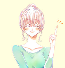 人差し指をさすお団子頭の女性　にっこり