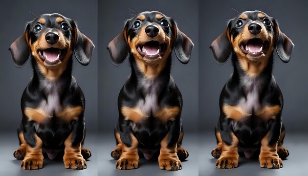 Three multiple exposures of a funny dachshund puppy: cheerful and kind emotions.