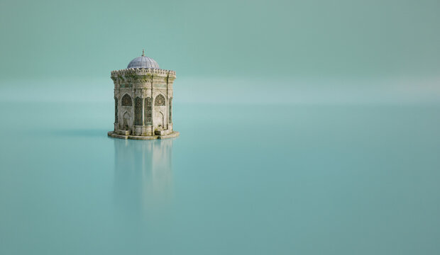 Aged Ottoman Style Stone Sabil Fountain 3D Render on Minimal Blue Background