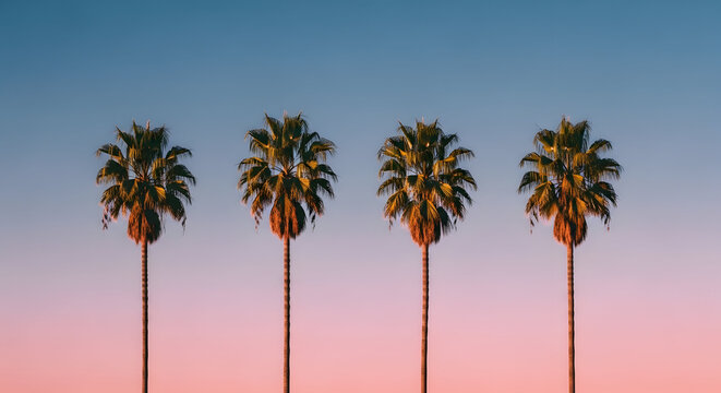 Four palm trees against a gradient sunset sky