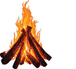 A vibrant campfire with logs arranged in a teepee formation. The fire burns intensely with bright yellow and orange flames at the core, transitioning to vivid pink and magenta hues in the rising smoke