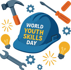 A blue hard hat with WORLD YOUTH SKILLS DAY written on it in yellow and white letters.