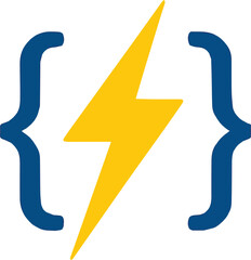 A logo featuring a stylized lightning bolt in bright yellow, superimposed within a pair of blue curly braces. The lightning bolt is sharp and angular, with a jagged path