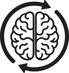 A black and white graphic illustration of a stylized brain in the center, bisected into two halves.