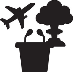 A black silhouette of a podium with two microphones, an airplane, and a cloud or explosion shape on a transparent checkered background.