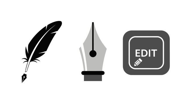 Writing and Editing Tools Icons, Featuring Feather Pen, Fountain Pen, and Edit Button on Isolated White Background