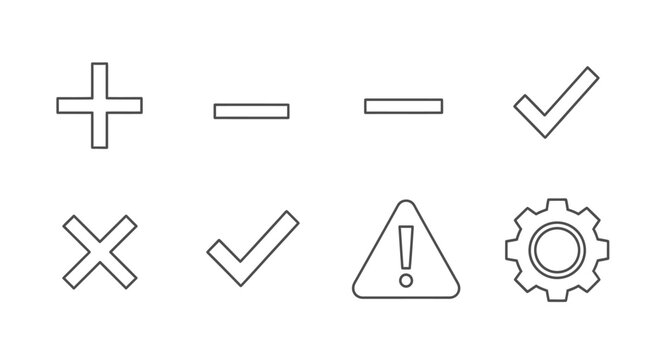 Basic Action Status Line Icons Set, Plus, Minus, Checkmark, Cross, Warning, Settings, Isolated White Background