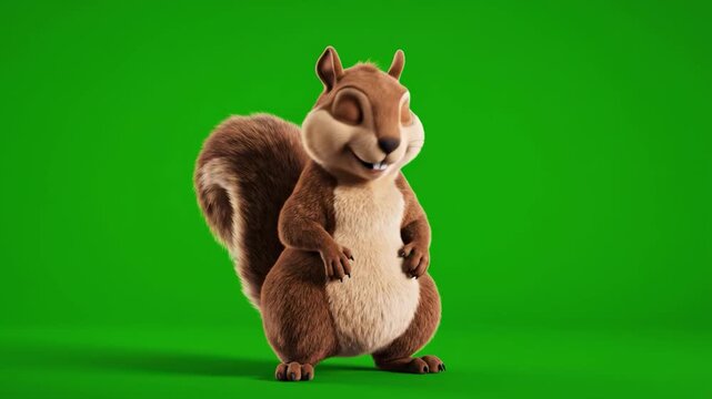 A cheerful, animated brown squirrel standing against a green screen background, ready for use in various media projects.