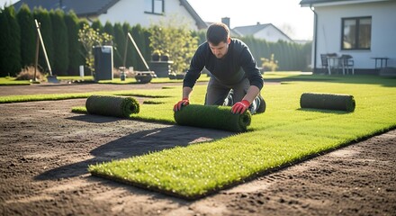 Man Laying Sod in Backyard - A Fresh Lawn Installation.