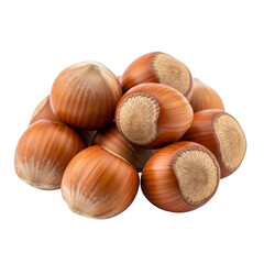 Fototapeta premium A small pile of brown hazelnuts with textured shells showcasing natural details on transparent background