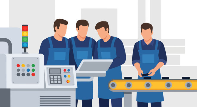 Four faceless factory workers in blue uniforms collaborate around an automated industrial machine as three analyze a digital control panel and one inspects small black parts on a yellow conveyor belt
