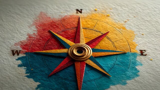 Abstract Paper Compass Rose on Blue Watercolor Background - Navigation, Direction, and Artistic Concept