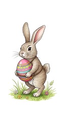 Easter Bunny Holding Decorated Egg in Spring Meadow Illustration.