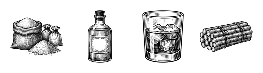 Vintage engraving style collection of sugarcane products including sugar bags, glass of rum with ice cubes, liquor bottle, and harvested cane stalks.