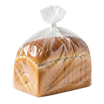 Sliced loaf of bread in a clear plastic bag showcasing freshness and texture on transparent background