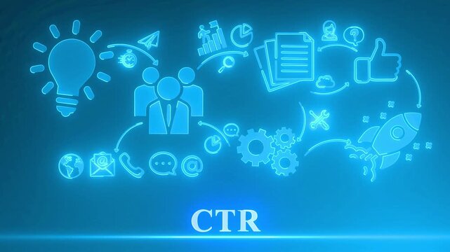 Cyan CTR Business Concept Flowchart with Icons and Rocket Launch on Teal Background click-through rate