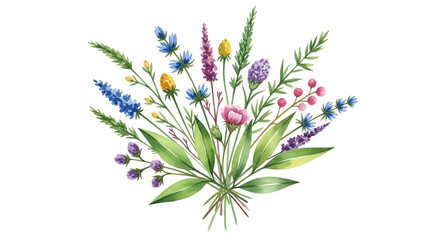 Fototapeta premium Watercolor Wildflowers Bouquet in Delicate Pastel Colors with Soft Lighting on White Background for Greeting Cards