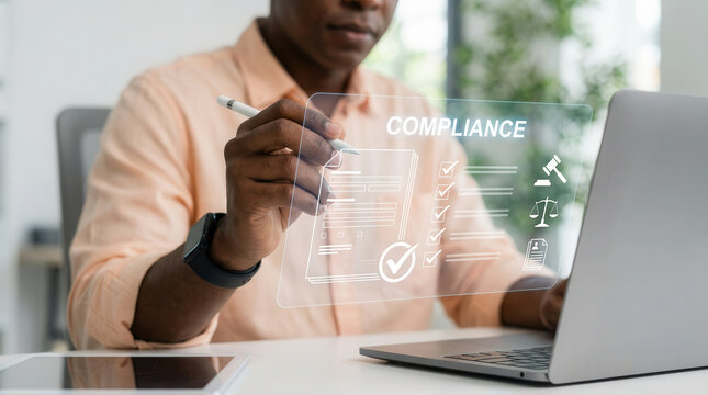 Concentrated male professional checking digital compliance rules on futuristic virtual screen interface while working on laptop in modern office interior