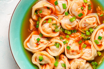 Dumplings served in a bowl with broth and green onions.