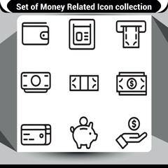 Collection of finance icons: wallet, ATM, money, coins, credit card, piggy bank, hand with coin, cash.