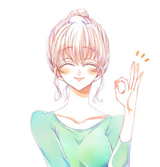 若い女性　OKサイン　にっこり　お団子頭