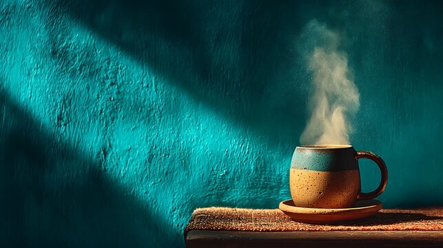 Steaming Cup of Coffee on a Textured Surface with Dramatic Light (618) stock