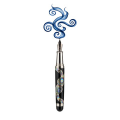 Obraz premium Luxury fountain pen with blue swirling ink on black background