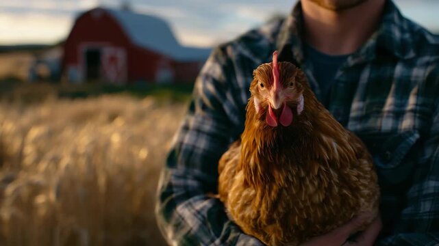 255Rustic farm lifestyle scene with person holding a brown hen, sunlit grass, red barn and farm tools subtly blurred in the background, warm natural light highlighting textures and co