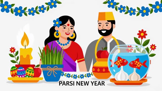 Nowruz Celebration Persian New Year Illustration with Haft Sin, Couple, and Decorations