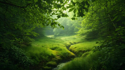 Obraz premium Enchanted Forest Stream with Lush Green Foliage and Misty Sunlight
