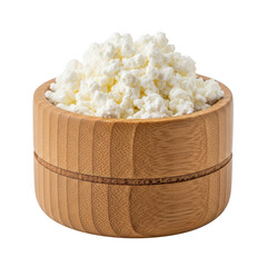 A small wooden bowl filled with fluffy crumbled cottage cheese isolated on transparent background high quality