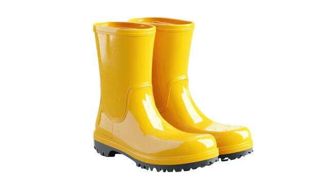 A pair of bright yellow rain boots on transparent background