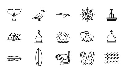 Minimal sea and maritime thin line vector icons set with whale, surf and nautical symbols © MstMonisha