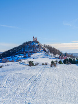 Calvary Banska Stiavnica Baroque Church On Snowy Hill Under Blue Sky Slovakia