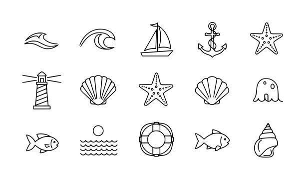 Sea thin line vector icons set with wave, anchor, sailboat and marine symbols