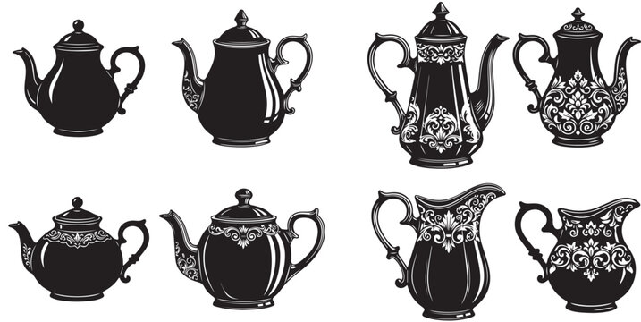Vintage teapot and pitcher silhouettes with elegant floral ornaments vector set