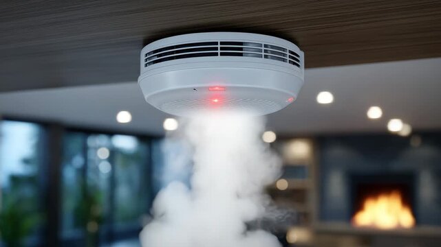 307Activated smoke detector in a residential ceiling, red LED and warning signals on multiple interlinked devices, faint smoke visible, cozy home environment, professional safety syst