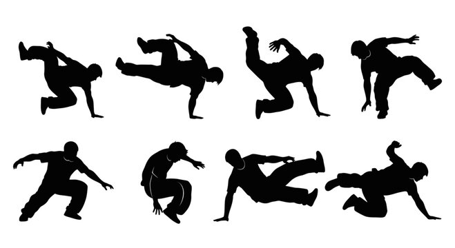 Silhouettes of people in various dynamic breakdancing poses.