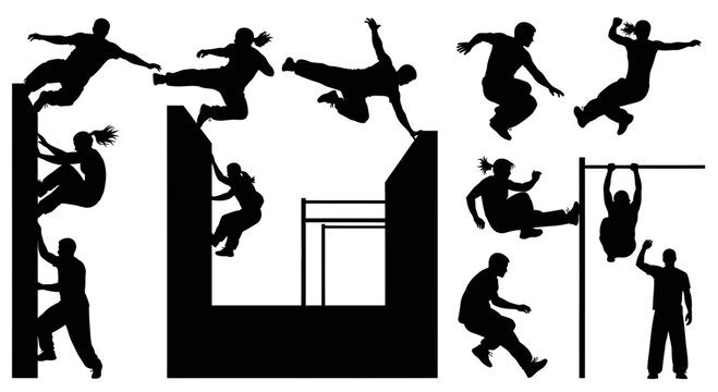 Silhouettes of people performing parkour and freerunning stunts on urban obstacles.