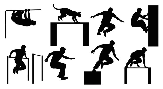 Silhouettes of people and cat performing parkour and freerunning stunts.
