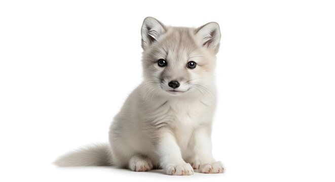 Adorable arctic fox pup sitting on white background