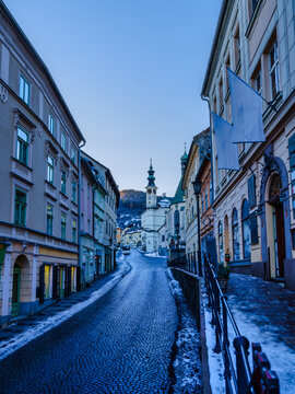 Banska Stiavnica Saint Catherine Church Facade On Snowy Winter Morning