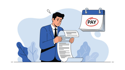 Worried man in a suit looking at a very long bill next to a calendar with the word pay circled in red, representing financial debt stress.