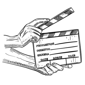 hand holding movie film clapperboard director slate vector line art hand drawn illustration