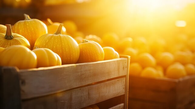 A warm autumn scene showcasing crates filled with bright orange pumpkins bathed in golden sunlight