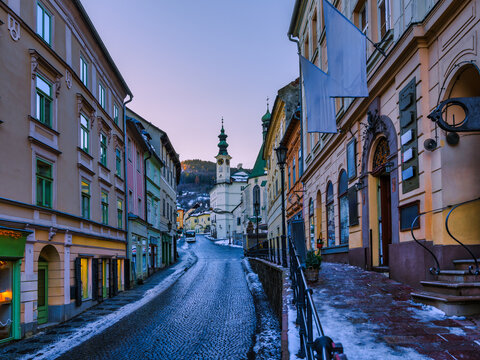 Banska Stiavnica Saint Catherine Church And Historic Street In Winter Morning