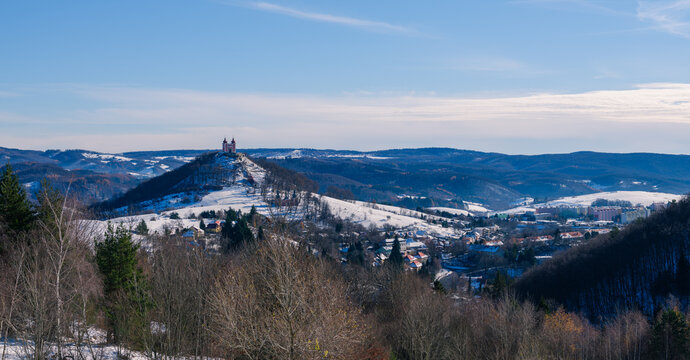 Banska Stiavnica Baroque Calvary Complex On Snowy Hill Winter Slovakia